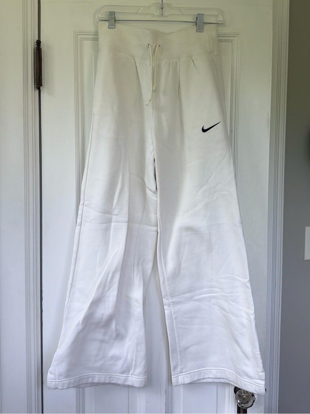 Nike White Wide-Leg Fleece Joggers with Black Swoosh